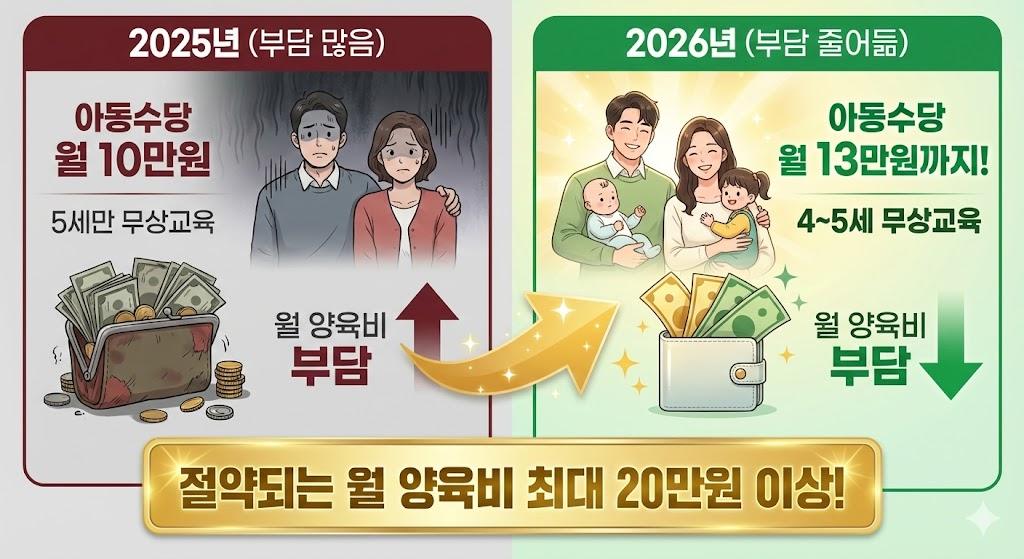 2026년 아동수당 확대와 무상교육 확대로 인한 가정의 양육비 부담 감소를 시각화한 이미지