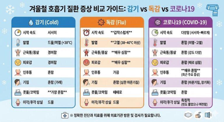 겨울철 감기 독감 코로나 증상 비교 및 구분 방법 가이드