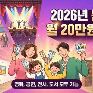 2026년 문화비 지원금으로 영화, 공연, 전시, 도서 등 다양한 문화생활을 즐길 수 있는 정책을 나타낸 행복한 가족 이미지