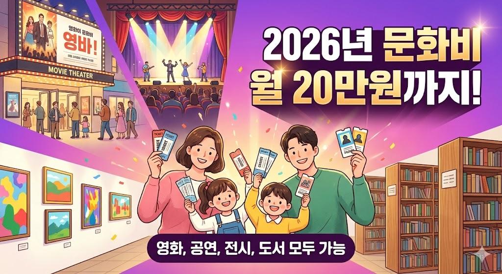 2026년 문화비 지원금으로 영화, 공연, 전시, 도서 등 다양한 문화생활을 즐길 수 있는 정책을 나타낸 행복한 가족 이미지