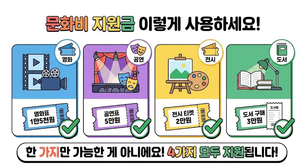 문화비 지원금으로 영화, 공연, 전시, 도서 4가지 모든 문화생활에 사용 가능함을 안내하는 이미지