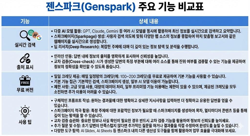 젠스파크 주요 기능 비교표 - 실시간 검색, 출처 표시, 무료 버전, 사용 팁