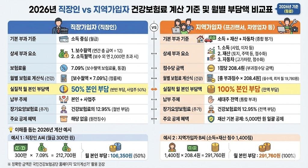 2026년 직장인 vs 지역가입자 건강보험료 월별 부담액 계산 기준 비교표