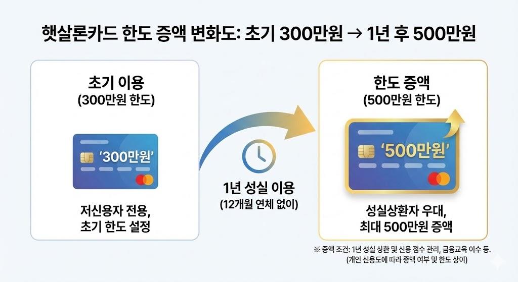 햇살론카드 초기 300만원에서 1년 성실 이용 시 500만원까지 한도 증액 변화도