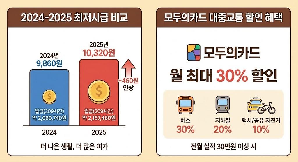 최저시급 1만 320원 인상 비교표와 모두의카드 대중교통 할인율 안내