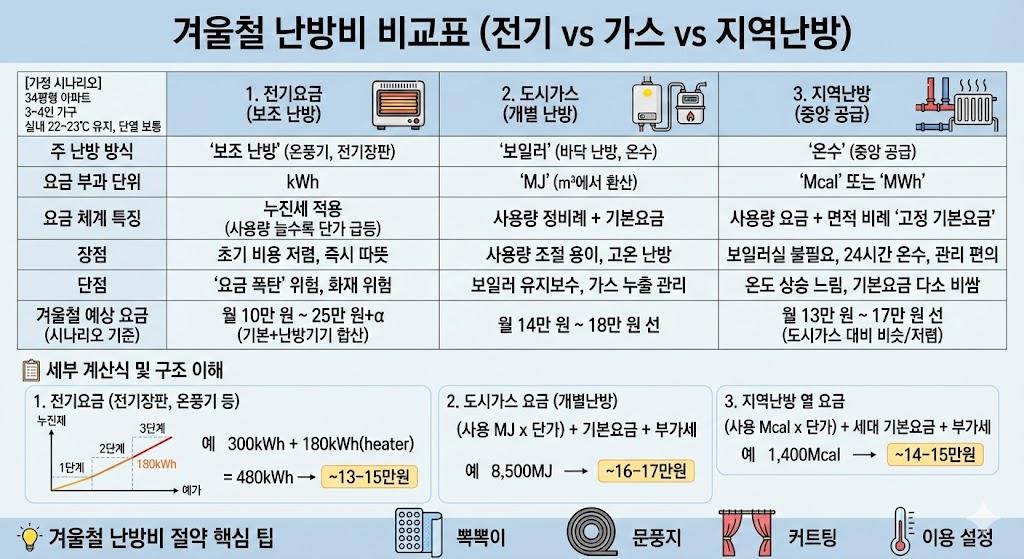 겨울 난방비 월별 전기요금, 가스요금, 지역난방비 계산 및 비교표