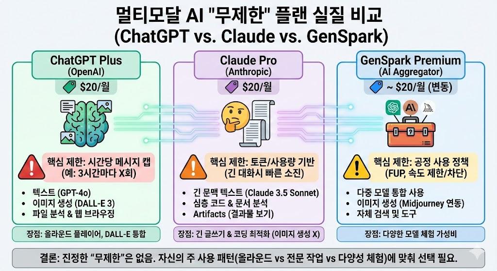 멀티모달 AI 도구 무제한 플랜 가격 비교 젠스파크 ChatGPT Claude
