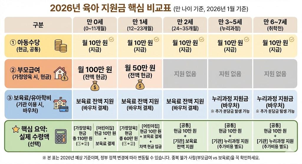 2026년 육아 지원금 연령별 비교표 - 영아 부모급여 vs 어린이집 보육료 vs 아동수당