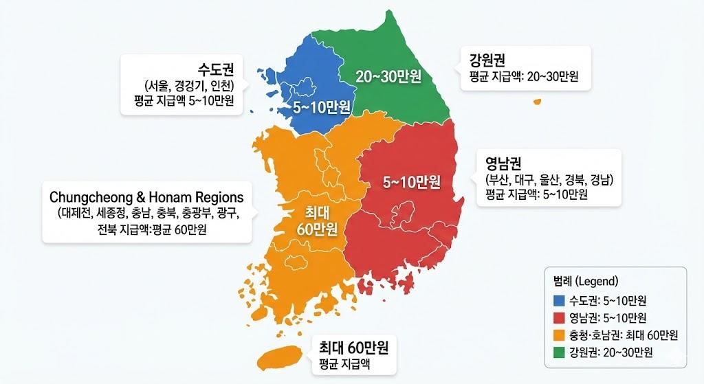 2026년 설 명절 위로금 지역별 분포도: 수도권 5~10만원, 영남권 5~10만원, 충청·호남 최대 60만원
