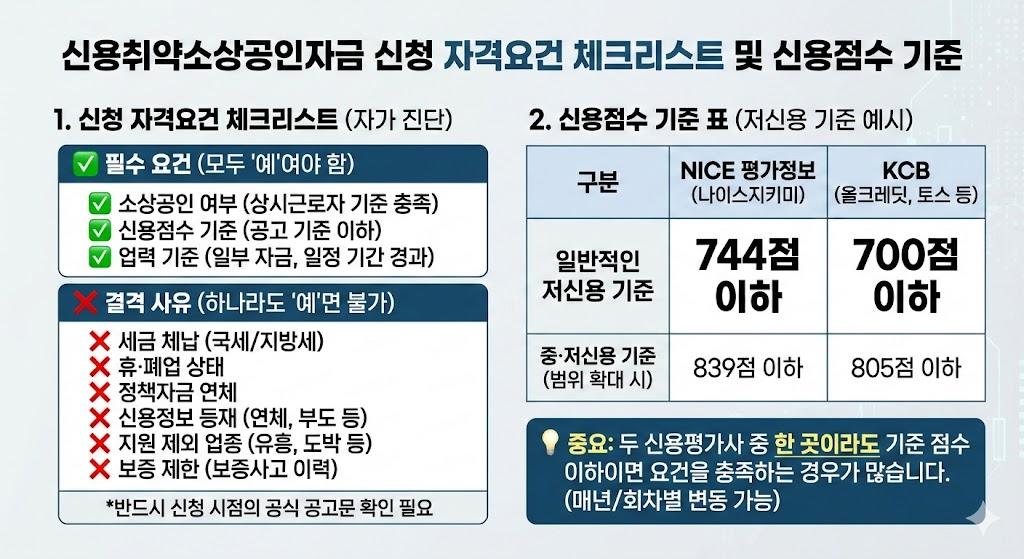 신용취약소상공인자금 신청 자격요건 체크리스트 및 신용점수 기준 표