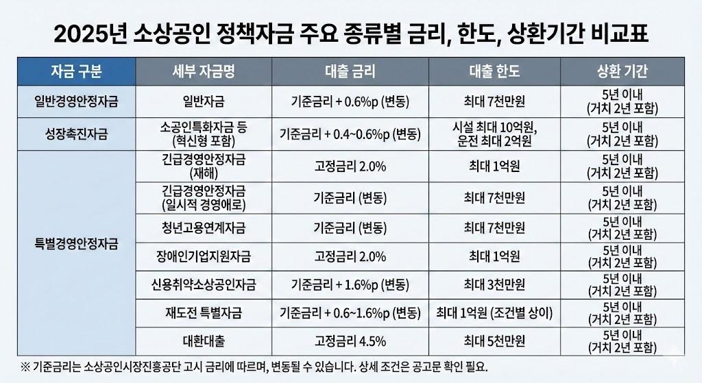 소상공인 정책자금 종류별 금리, 한도, 상환기간 비교표