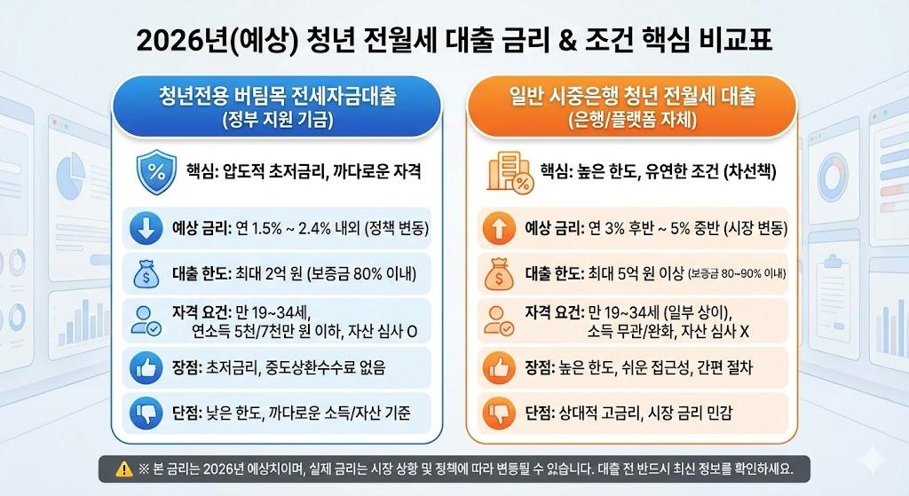2026년 청년 전월세 대출 금리 비교표 - 버팀목 전세 vs 전월세보증금 대출