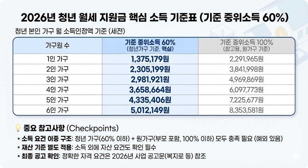 2026년 청년 월세 지원금 소득 기준표 - 기준 중위소득 60% 기준
