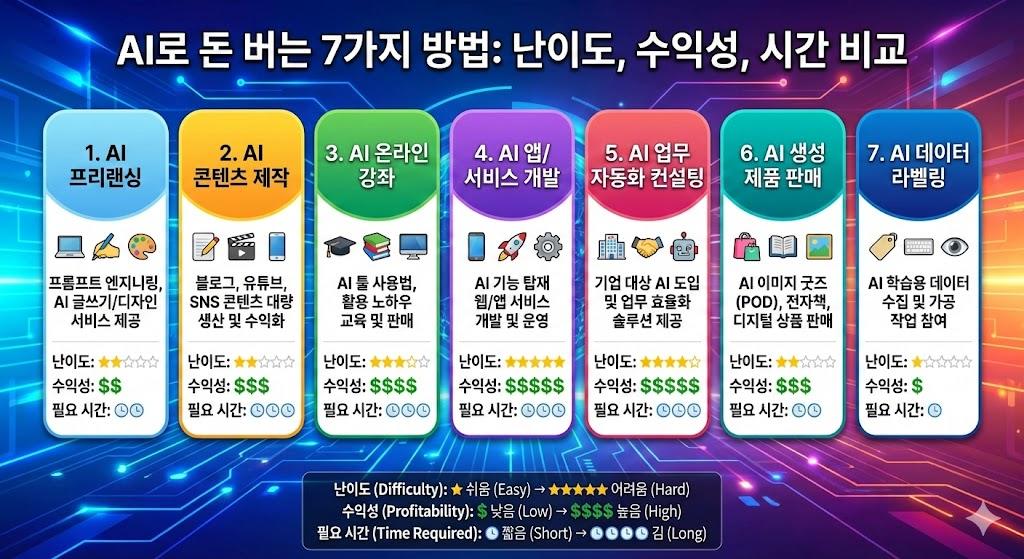 AI 수익화 7가지 방법 비교 난이도와 수익성 인포그래픽