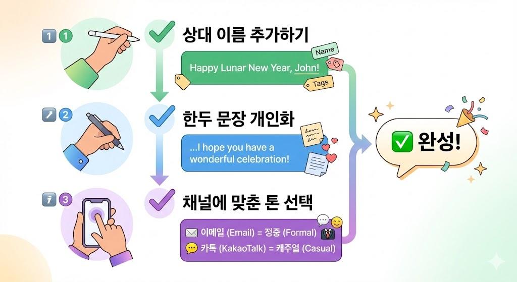 영어 설날 인사말 복붙 전 확인 체크리스트 - 상대 이름 추가, 개인화, 톤 선택