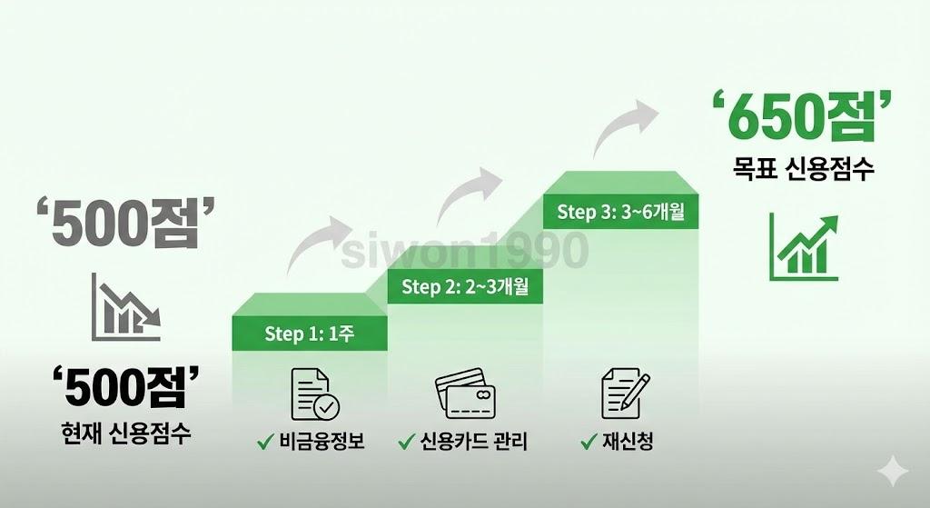대출 거절 후 신용등급 개선 3단계 로드맵: 즉시 실행(1주) → 중기 관리(2~3개월) → 재신청 준비(3~6개월)