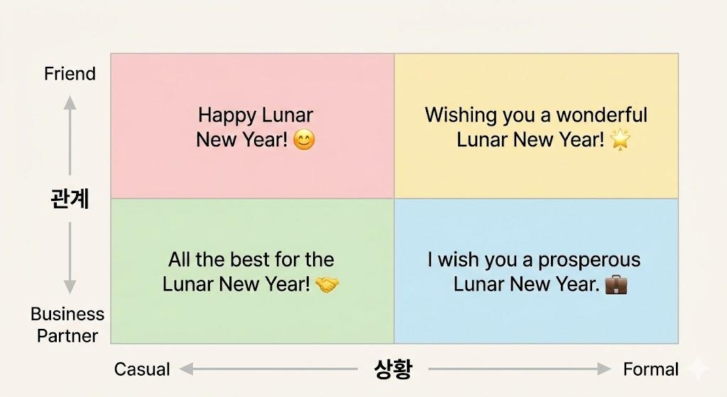 상황별 영어 설날 인사말 선택 가이드 - 친구/비즈니스 파트너, 캐주얼/포멀 매트릭스