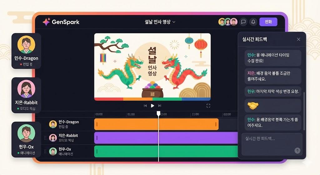 GenSpark 팀 협업 설날 인사 제작 실시간 작업