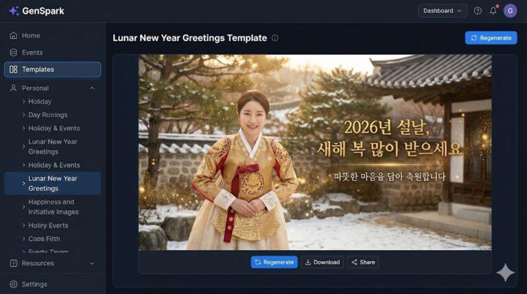GenSpark 설날 템플릿 대시보드 한국어 인터페이스