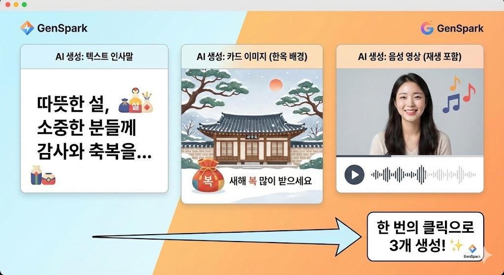 GenSpark 설날 인사 한 번에 텍스트 이미지 영상 생성