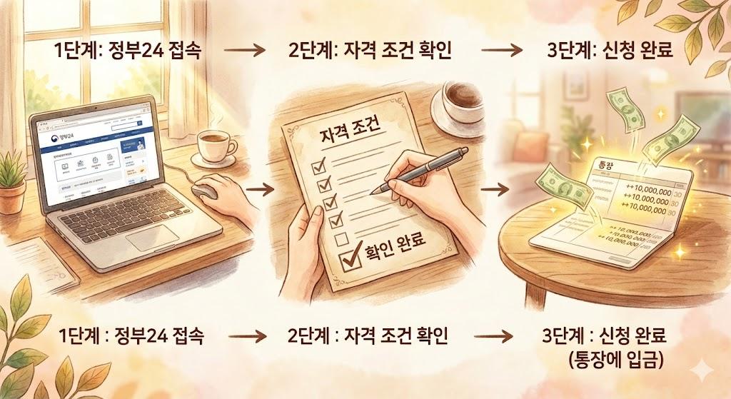 정부24 지원금 신청 3단계 - 접속, 확인, 신청, 완료