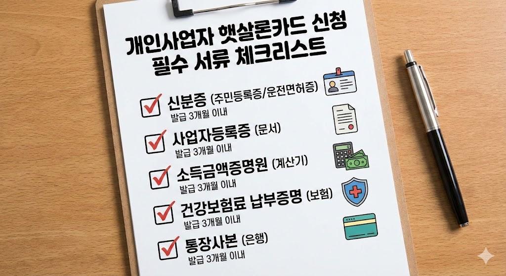 개인사업자 햇살론카드 신청에 필요한 신분증, 사업자등록증, 소득금액증명원, 건강보험료 납부증명, 통장사본 등의 필수 서류를 체크리스트 형태로 정리한 이미지