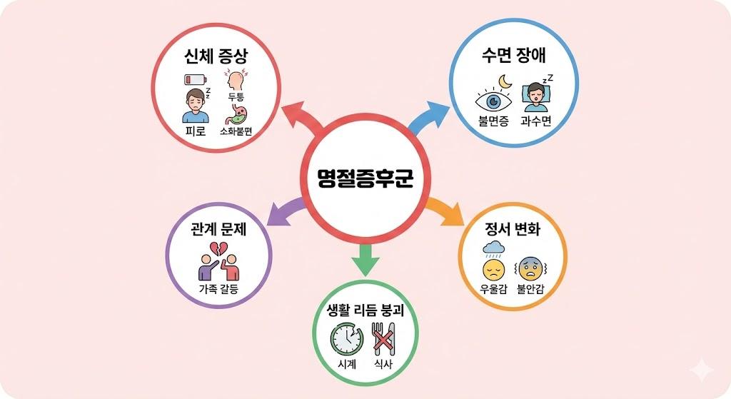 명절증후군의 5가지 증상 - 신체, 수면, 정서, 관계, 생활리듬 변화 다이어그램