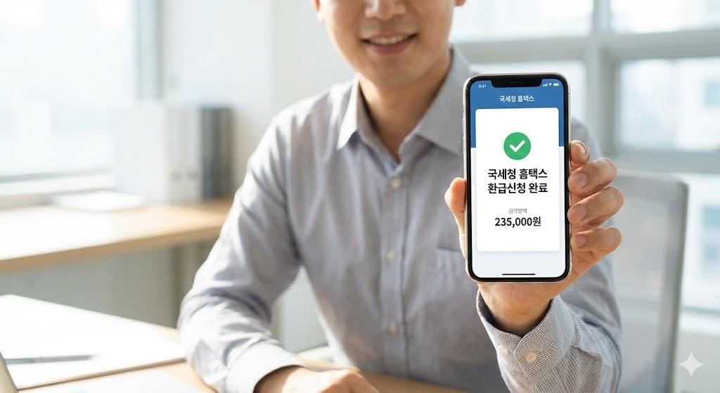 홈택스 앱에서 연말정산 환급금을 조회하는 모습