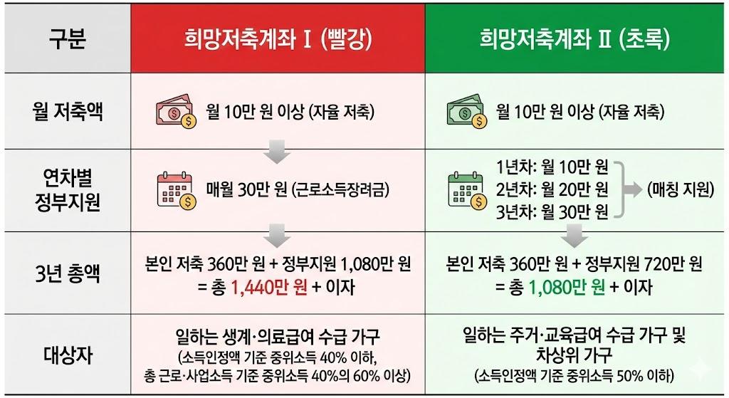 희망저축계좌Ⅰ과 Ⅱ 비교표 및 연차별 정부지원금 차이