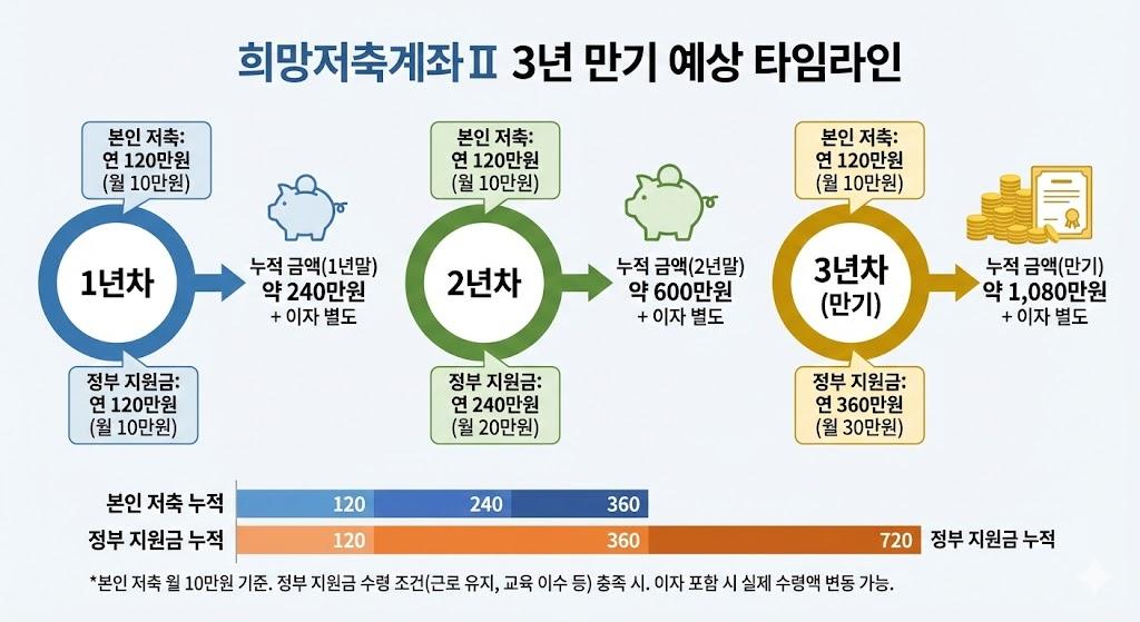 희망저축계좌Ⅱ 3년 적립 과정 타임라인 및 월 지원금 증가