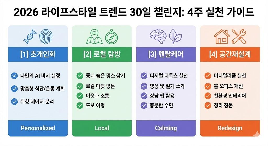 2026년 라이프스타일 트렌드를 4주에 걸쳐 단계별로 실천하는 30일 챌린지 프로그램으로, 각 주차별 구체적인 행동 과제를 제시하는 실천 가이드입니다