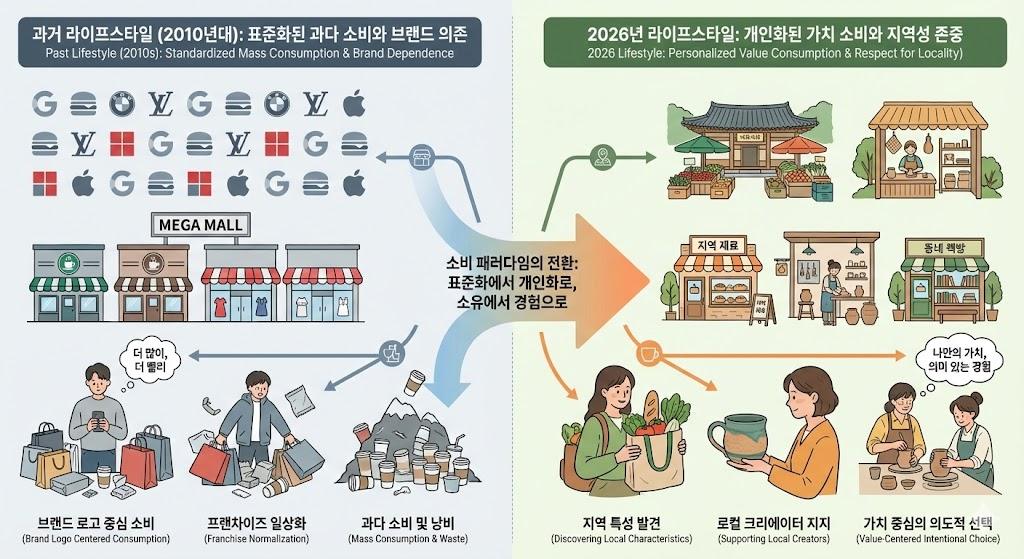 과거 표준 라이프스타일과 2026년 개인화 라이프스타일의 변화를 시각적으로 비교