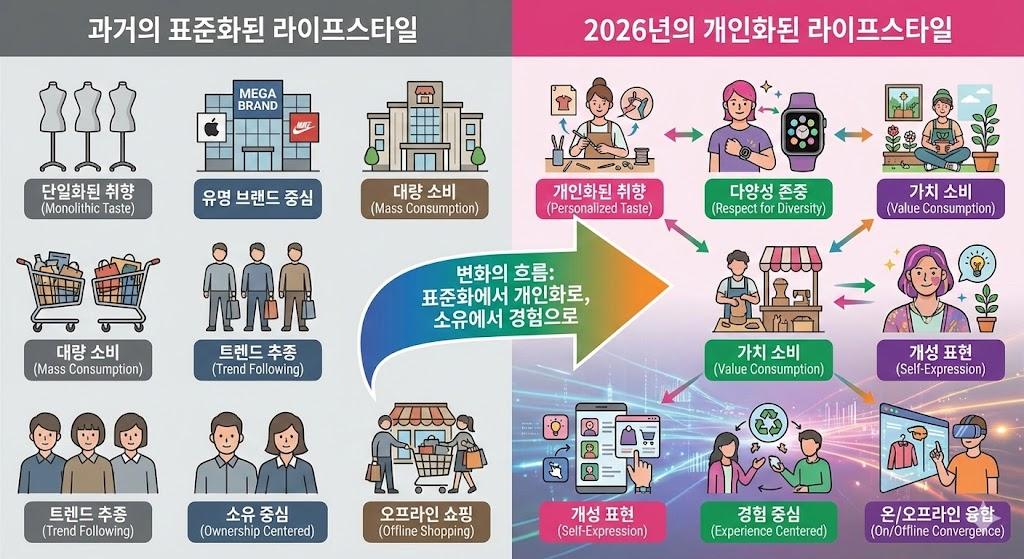 과거의 표준화된 라이프스타일과 2026년 라이프스타일 트렌드의 개인화된 방식을 비교하여, 소비 패턴과 가치관의 근본적인 변화를 시각적으로 표현합니다