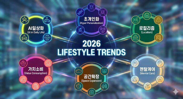 2026년 라이프스타일 트렌드의 6가지 핵심 요소를 한눈에 보여주는 컬러풀한 인포그래픽으로, 초개인화부터 AI 일상화까지 미래 생활방식의 변화를 시각화합니다