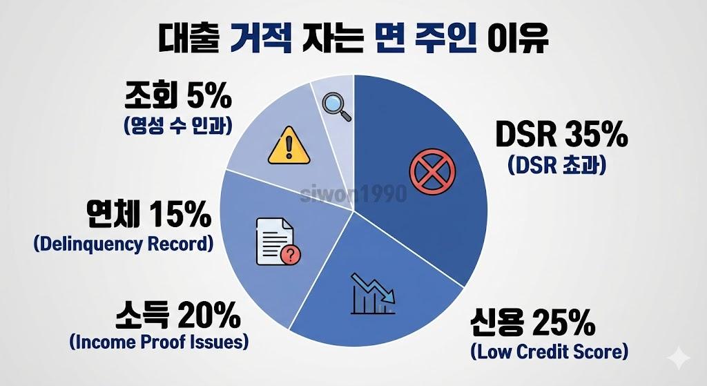 2026년 대출 거절 시 주요 원인 5가지 (DSR 초과, 신용점수 저하, 소득 증명 불가, 연체 기록, 신용조회 과다)
