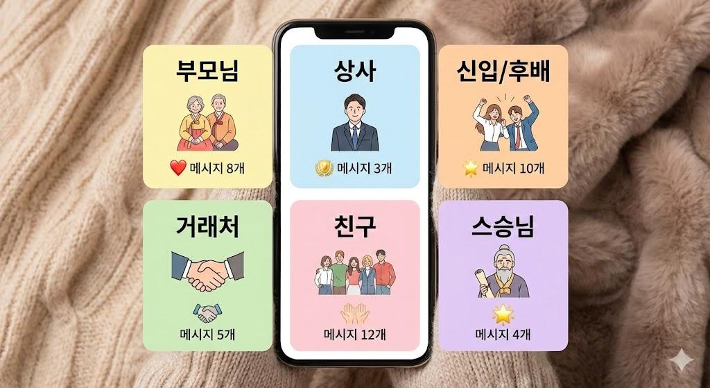 관계별 메시지 카테고리 6가지 정리 (각 10~8개씩)