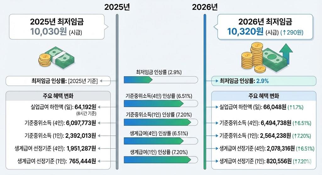 2026년 최저임금과 주요 혜택 변화 비교 타임라인