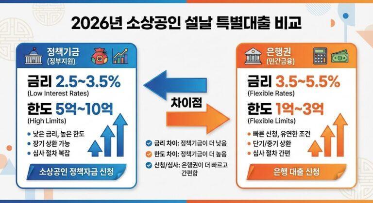 2026년 소상공인 설날 특별대출 정책기금 vs 은행권 비교 차트 (금리·한도·상환기간·심사난이도)