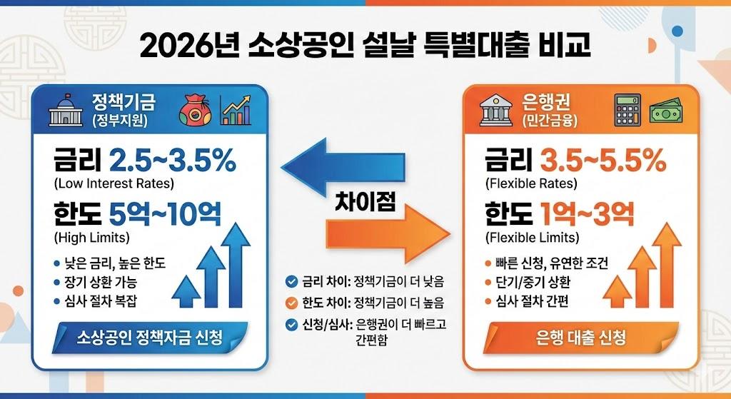 2026년 소상공인 설날 특별대출 정책기금 vs 은행권 비교 차트 (금리·한도·상환기간·심사난이도)