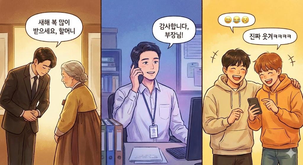 관계별 메시지 톤 비교 (부모님, 상사, 친구)