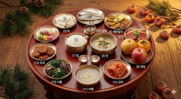설날 차례상 필수 음식 15가지 - 밥, 국, 나물, 고기, 생선, 과일, 떡, 전, 계란말이, 술 등 전체 구성
