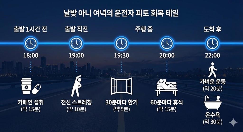 설날 저녁 귀경길 운전 피로 회복 타임라인 - 카페인 섭취부터 도착 후 회복까지 단계별 가이드