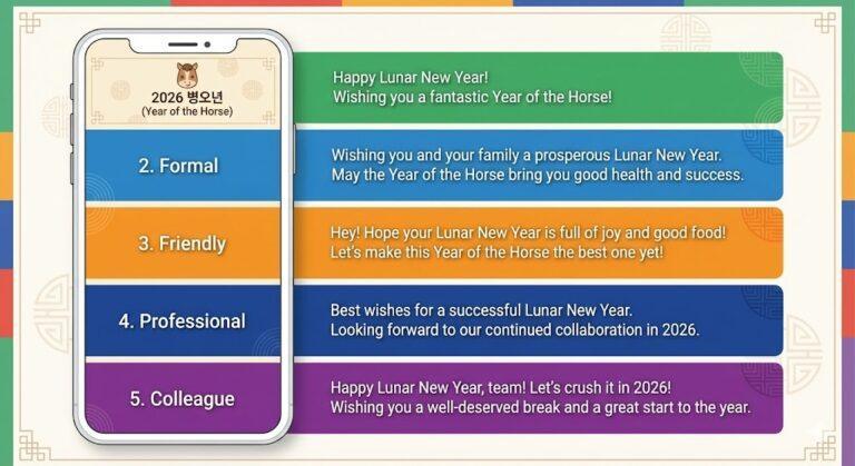설날 영어 인사말 5가지 톤 비교 - Casual, Formal, Friendly, Professional, Colleague 색상별 분류