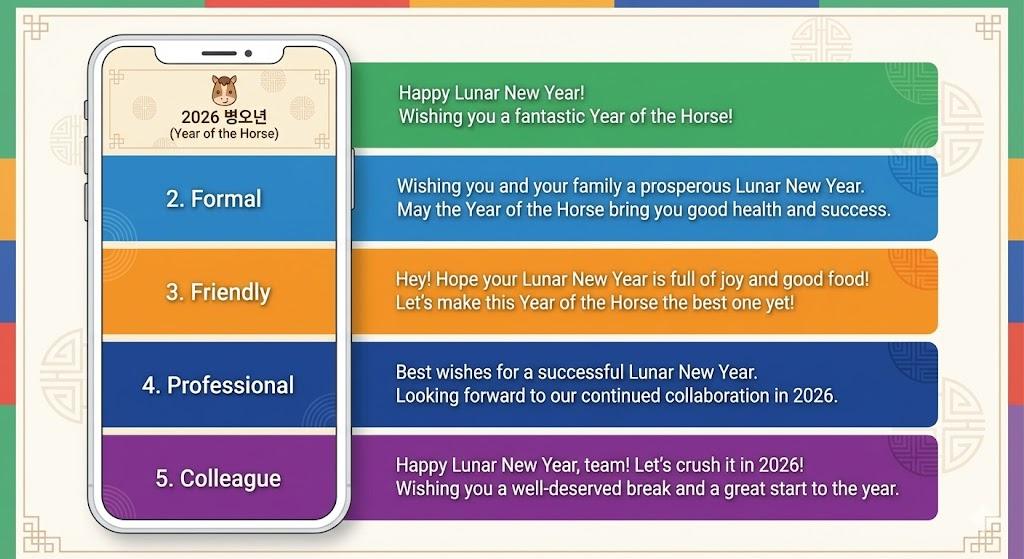 설날 영어 인사말 5가지 톤 비교 - Casual, Formal, Friendly, Professional, Colleague 색상별 분류