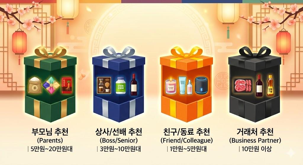 설날 선물 추천 4가지 관계별 - 부모님, 상사, 친구, 거래처별 선물 카테고리 및 가격대