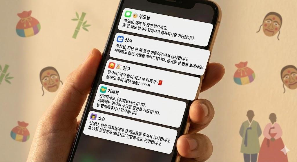 5가지 톤의 설날 메시지 예시를 동시에 보여주는 스마트폰 화면