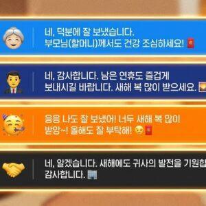 설날 답장 메시지 4가지 톤 비교 - 부모님, 상사, 친구, 거래처별 관계 색상 구분