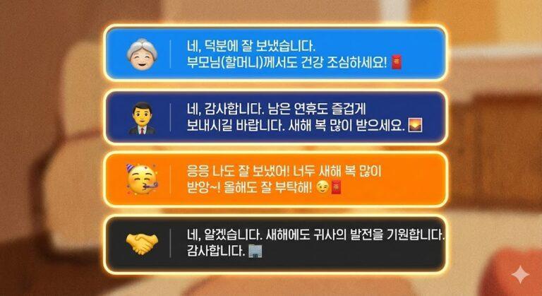 설날 답장 메시지 4가지 톤 비교 - 부모님, 상사, 친구, 거래처별 관계 색상 구분