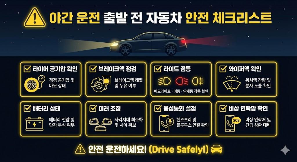 설날 야간 귀경길 출발 전 자동차 안전 점검 체크리스트 - 타이어·브레이크·등화장치·와이퍼 확인