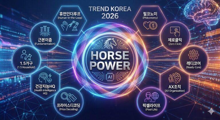 트렌드 코리아 2026 10가지 핵심 키워드와 HORSE POWER 개념을 시각화한 인포그래픽